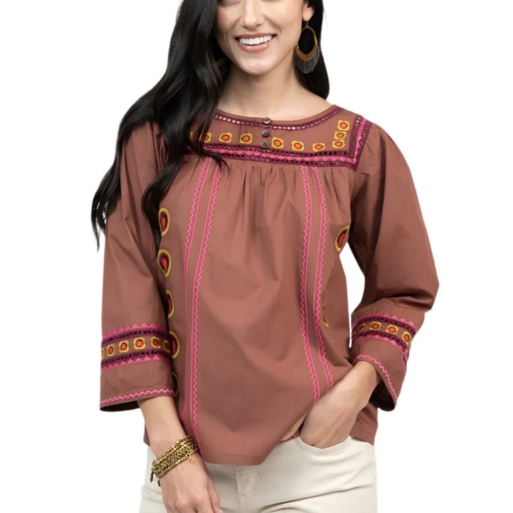 Ivy Jane Petals and Pearls brown top- Embroidered Brown Top with Pink Accents.